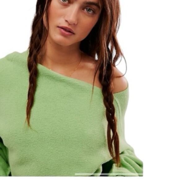 Free People Off The Shoulder Sweater Lime Green Asymmetrical Neck Size XS Y2K - Picture 7 of 9